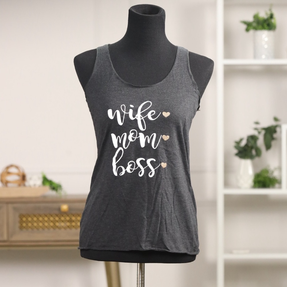 Next Level Apparel Charcoal Wife. Mom. Boss. Saying Tank Top